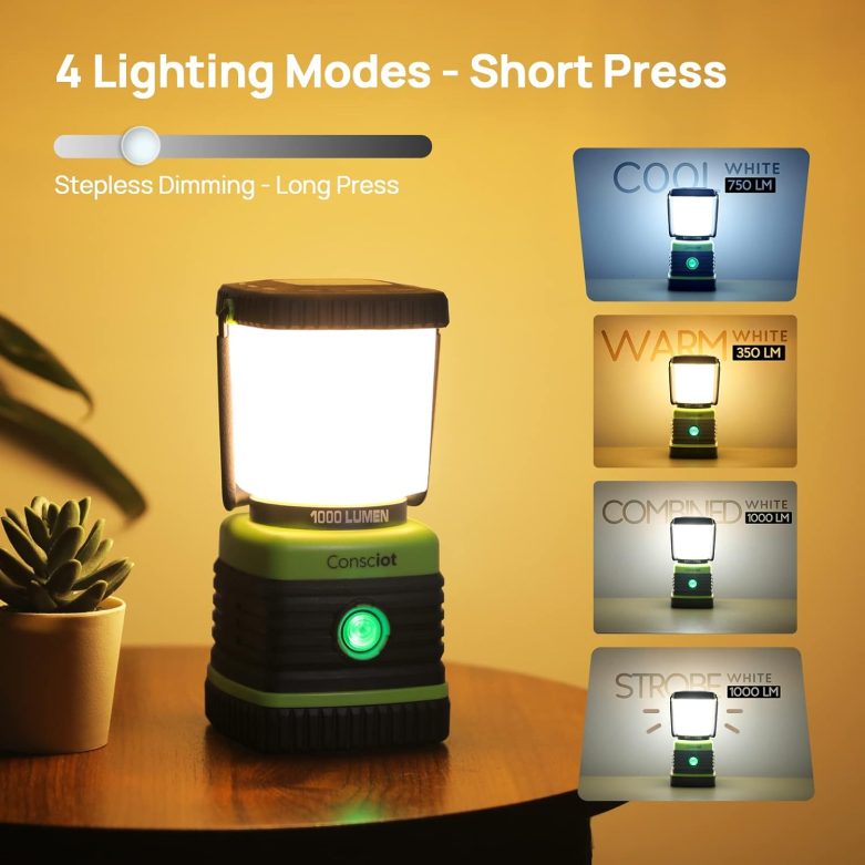 LED Camping Lantern Rechargeable, Consciot Camping Lights, 1000LM, 4 Light Modes, 4400mAh Power Bank, IPX4 Waterproof, Dimmable Tent Lights for Emergency, Power Outages, USB C Cable Included, 2 Pack - Image 3