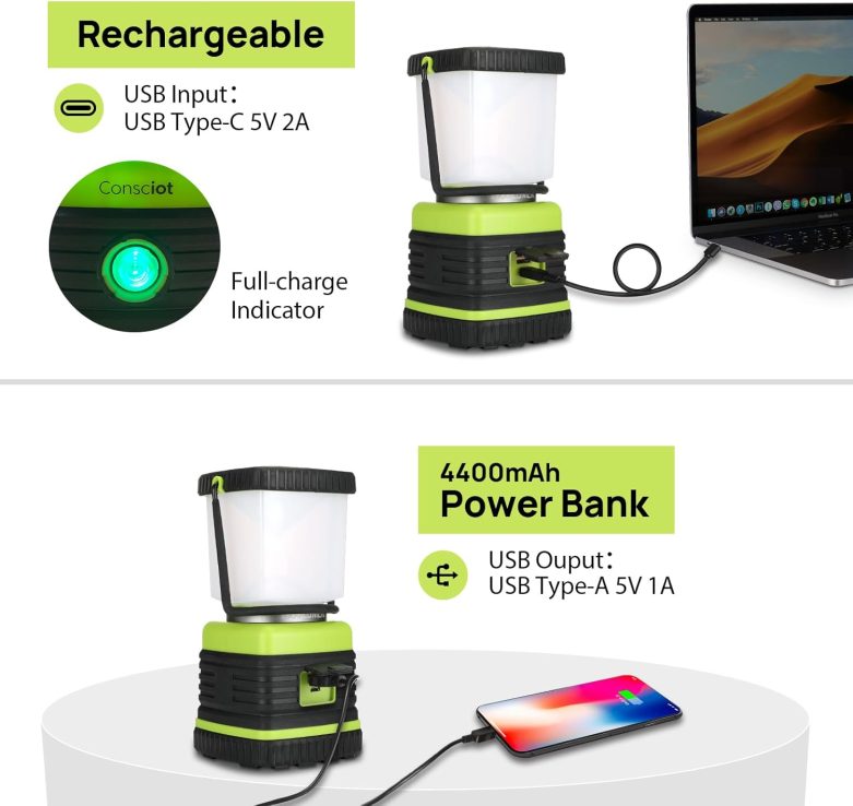 LED Camping Lantern Rechargeable, Consciot Camping Lights, 1000LM, 4 Light Modes, 4400mAh Power Bank, IPX4 Waterproof, Dimmable Tent Lights for Emergency, Power Outages, USB C Cable Included, 2 Pack - Image 4